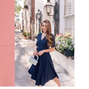 Gal Meets Glam Navy Blue Edith City Crepe Fit & Flare Midi Dress. Size 18